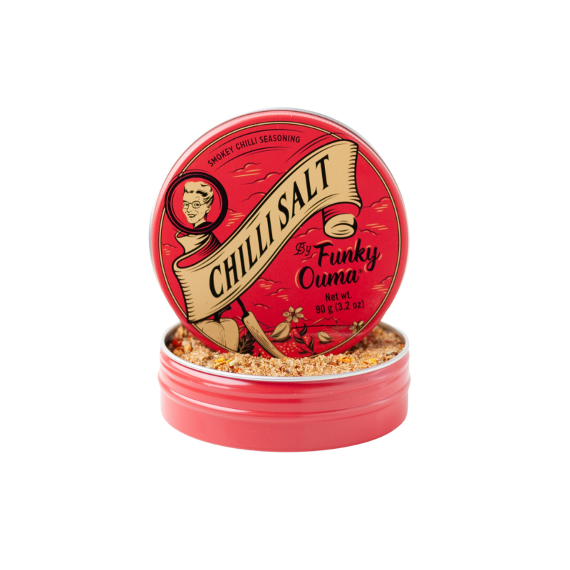 Red container of Chilli Salt by Funky Ouma on a white background