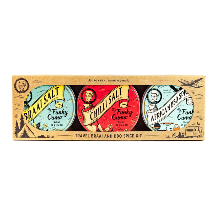 Travel braai and BBQ spice kit packaging with colorful labels on a white background