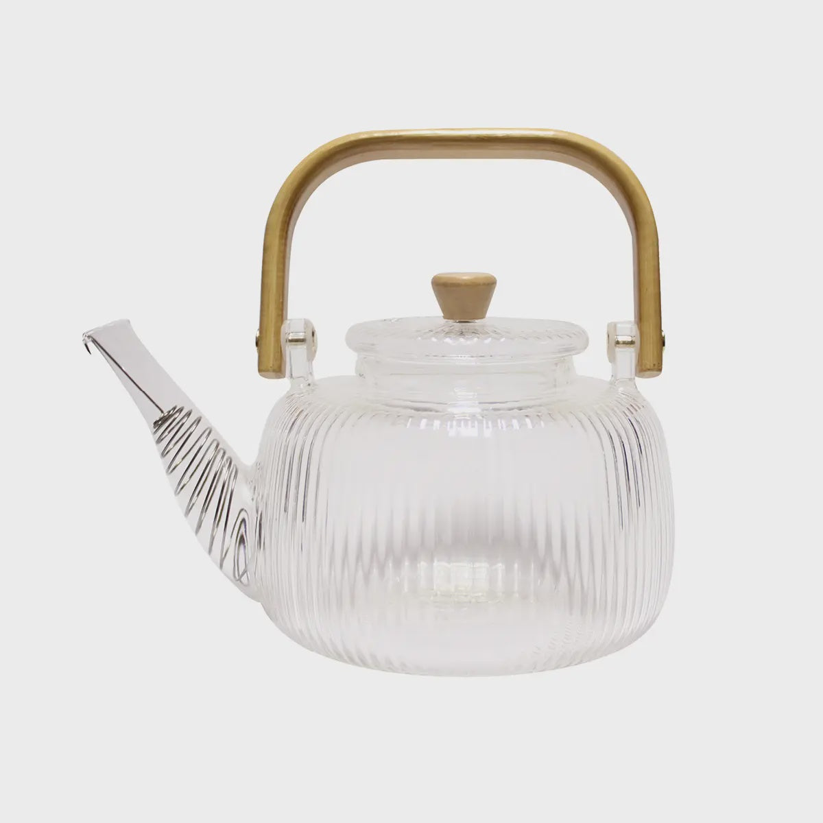 A clear glass teapot with a bamboo handle and a removable strainer