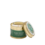 Load image into Gallery viewer, Travel candle in a gold tin with gold lid labeled &#39;night bloom&#39; on a white background
