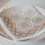 Load image into Gallery viewer, Decorative white plate with brown geometric patterns on a matching napkin.
