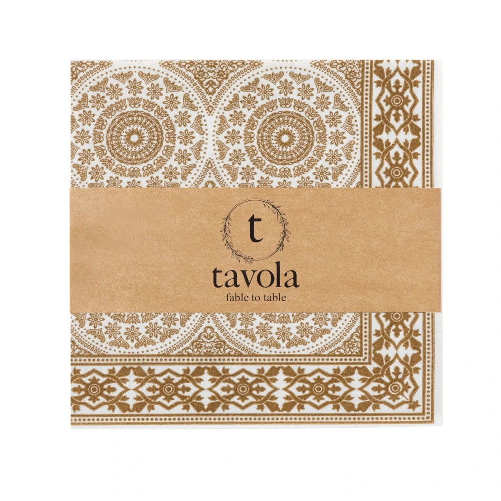 Decorative napkins with intricate patterns and 'tavola' branding on a white background
