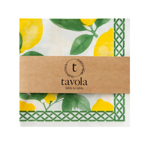 Tavola napkin with lemon design and brand label on a white background