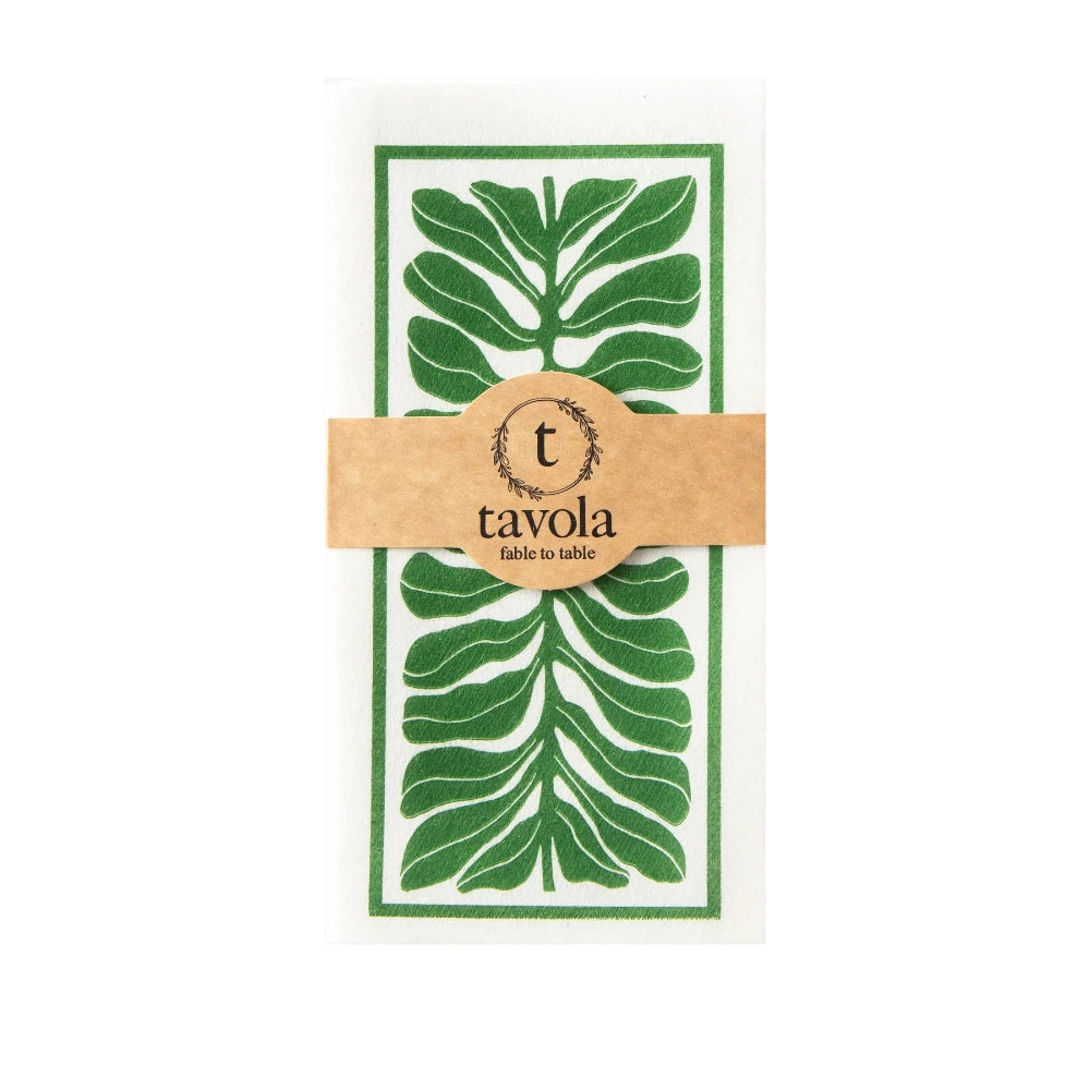 Pack of green leaf-patterned paper napkins with a Tavola label on a white background