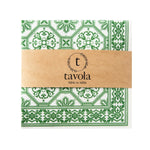 Load image into Gallery viewer, Green and white patterned napkin with a brown band featuring &#39;tavola&#39; branding on a white background.
