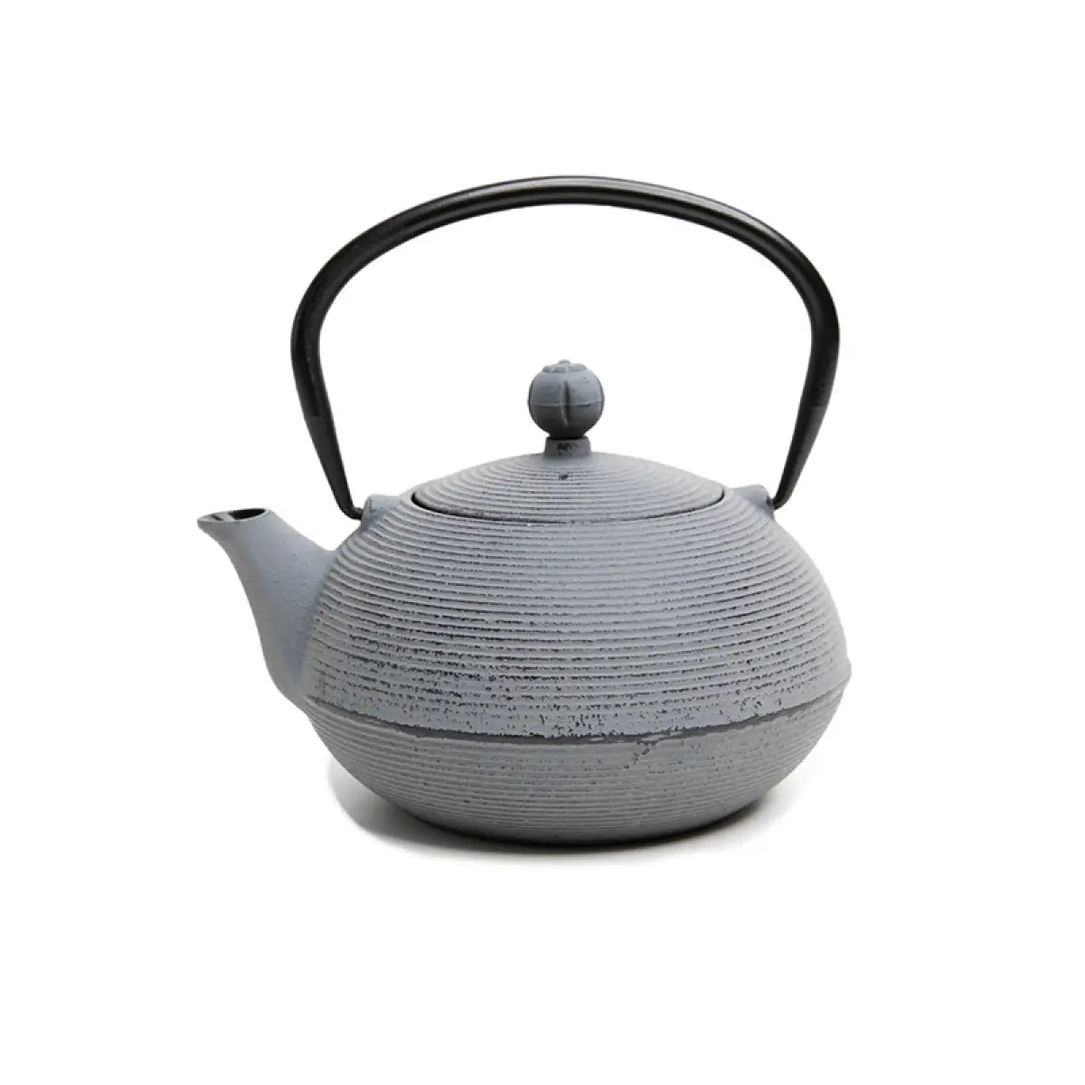 A gray cast iron teapot with a lid and a black handle, designed in a Japanese style with a textured finish.