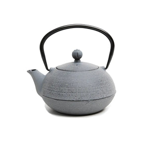 A gray cast iron teapot with a lid and a black handle, designed in a Japanese style with a textured finish.