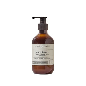 Brown lotion bottle with pump and 'Amanda Jayne' label on a white background