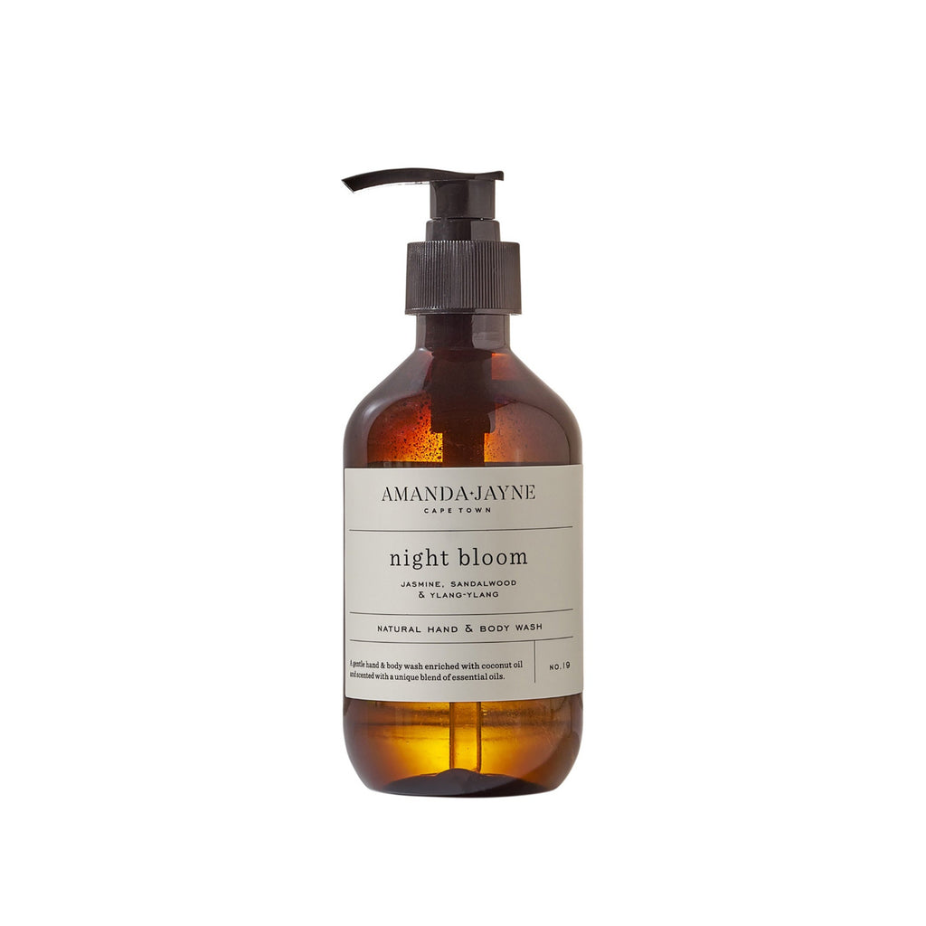 Bottle of Amanda Jayne night bloom hand and body wash on a white background