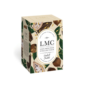 Box of LMC hazelnut chocolate with chocolate and leaf design on a white background