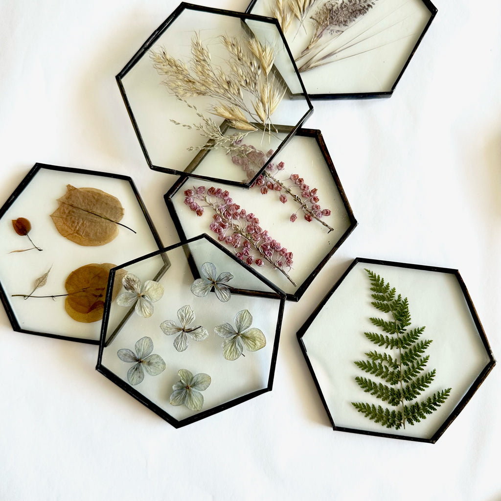 Hexagonal coasters with pressed flowers and leaves on a white background