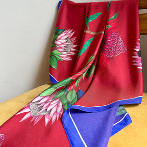 Reversible botanic silk scarf - Protea Flora (scarlet & royal)