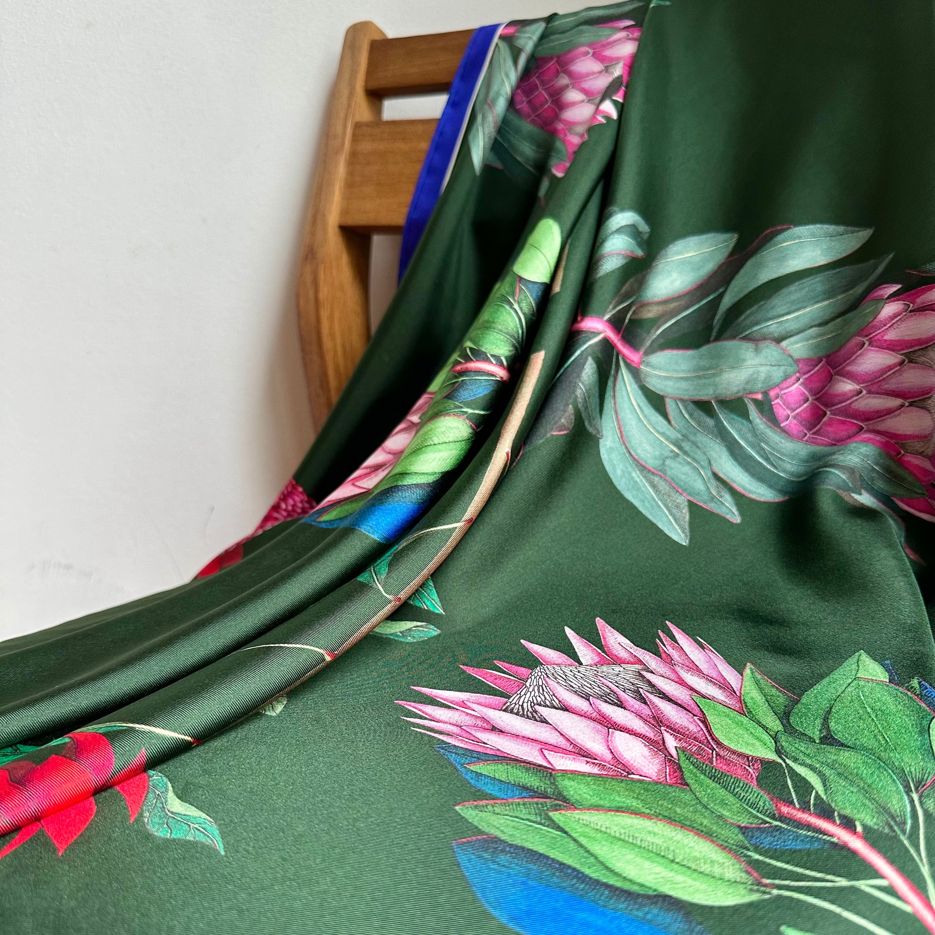 Reversible botanic silk scarf - Protea Flora (hunter & navy)