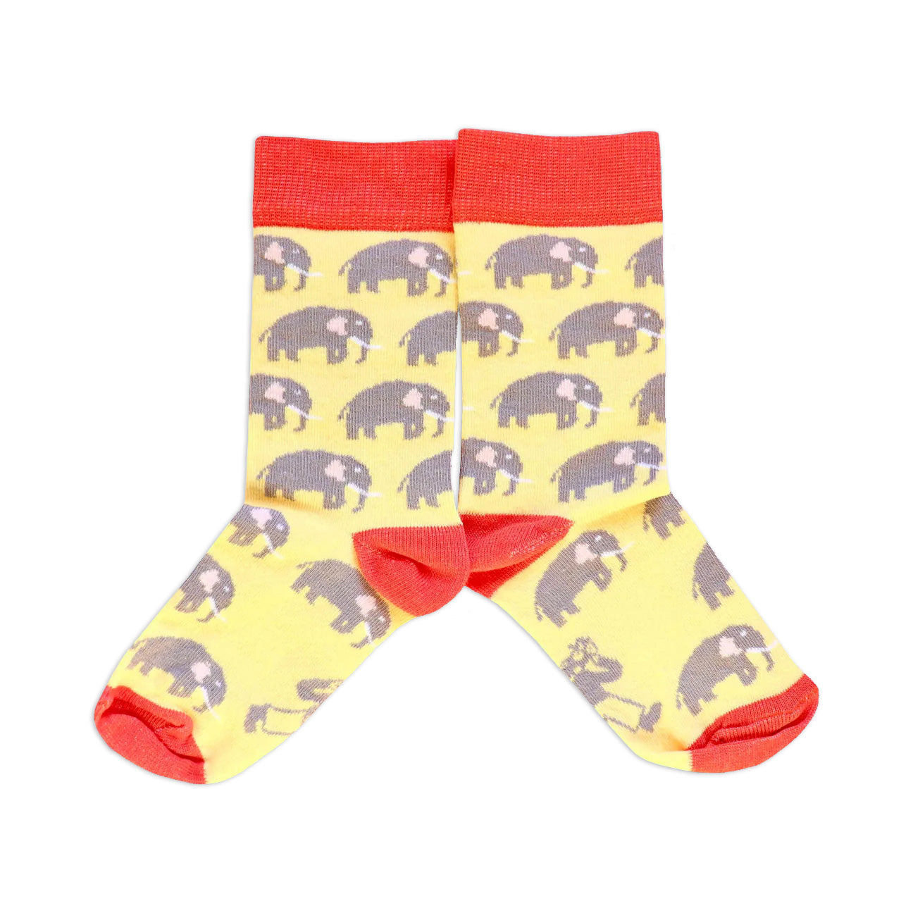 A pair of kids' socks with pale yellow and dusty orange color, featuring African elephant patterns.