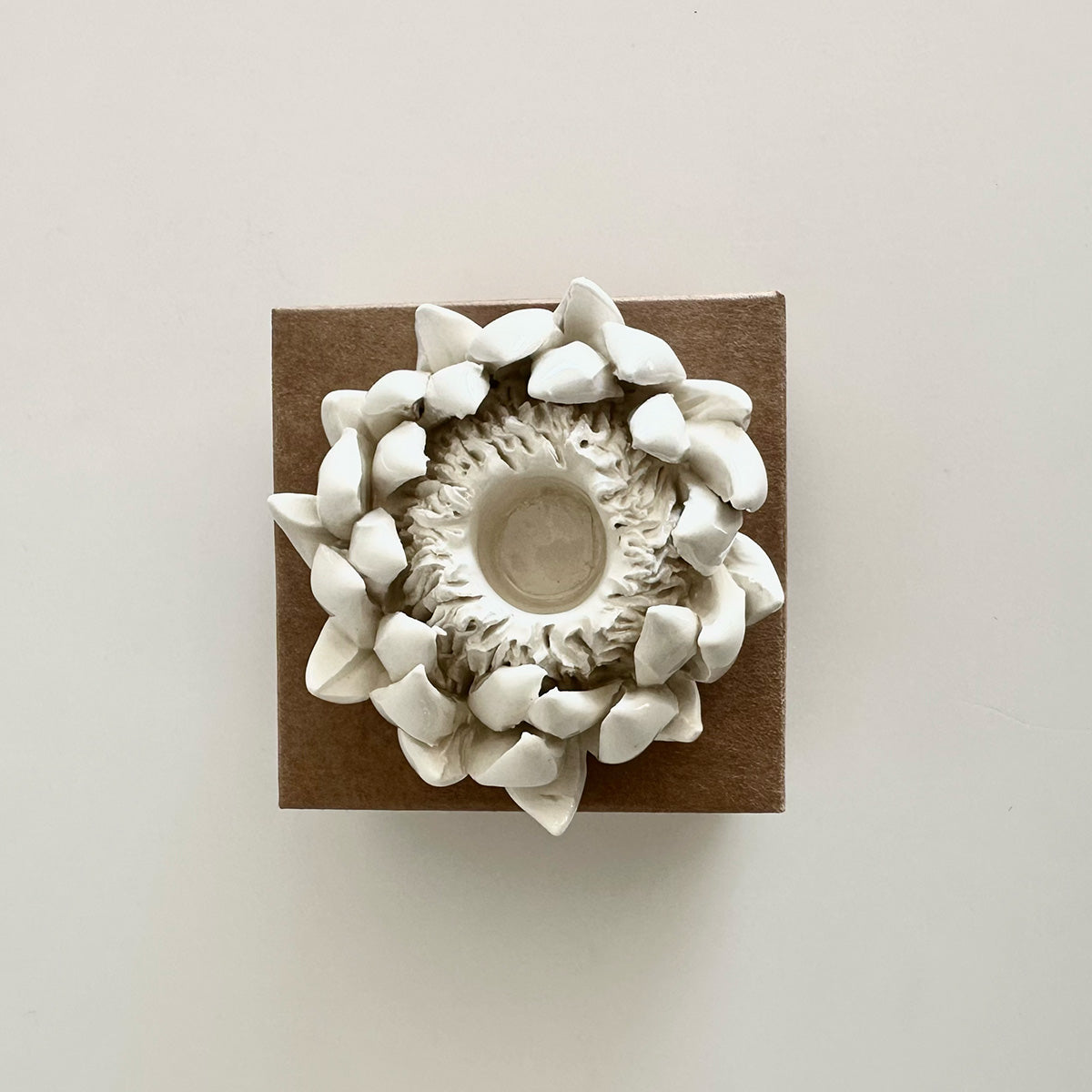 Protea shaped candle holder on a brown box against a light background