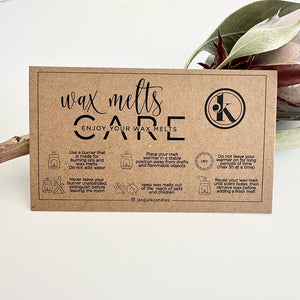 Wax melt care card with instructions and brand logo on a white background