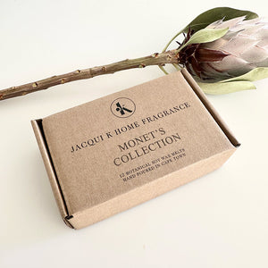 Jacqui K Home Fragrance Monet's Collection packaging with a flower on a light background