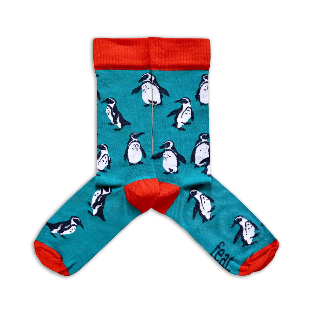 Teal socks with penguin pattern and red accents on a white background