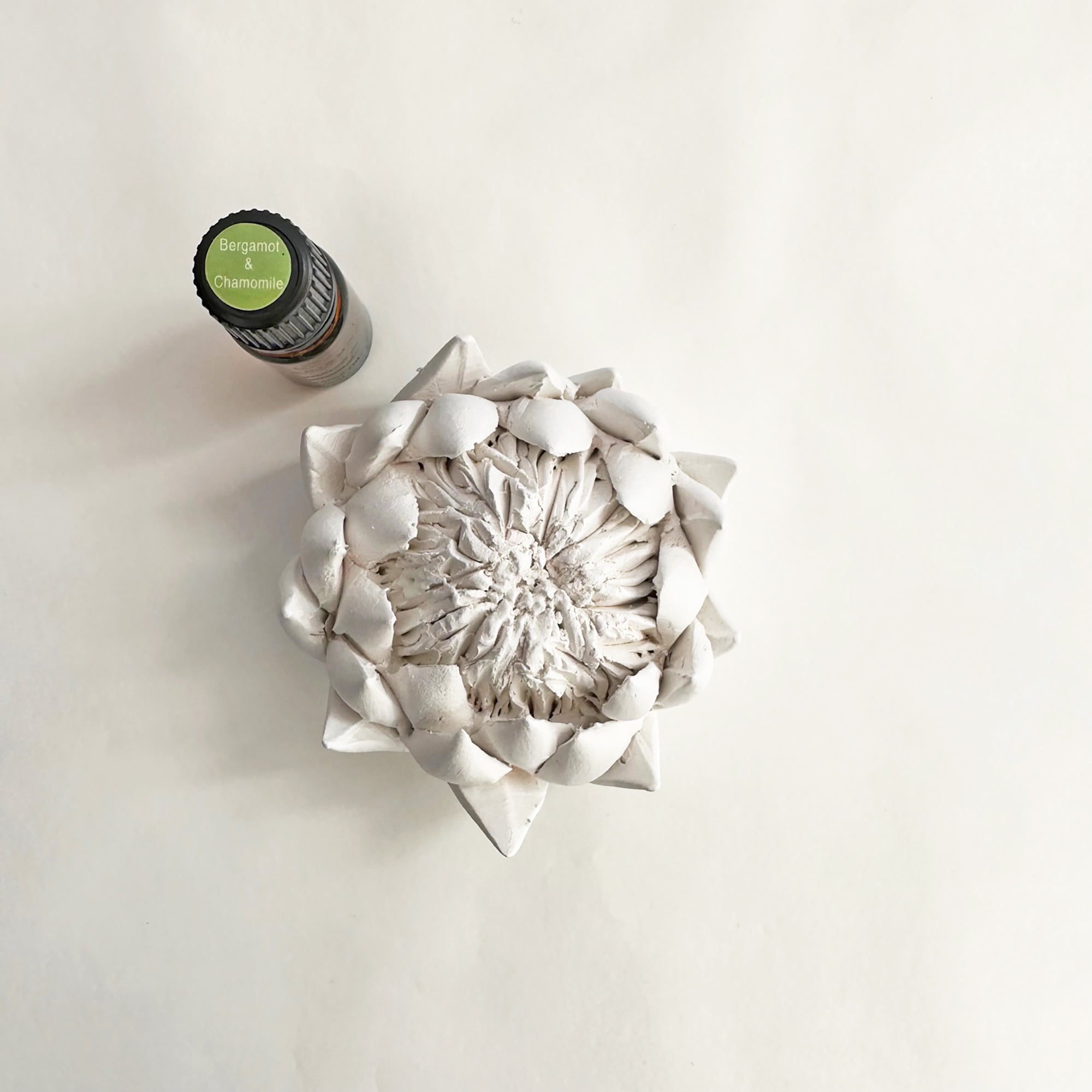 A bisquewear ceramic protea sculpture alongside a frangrance oil bottle on a white background.