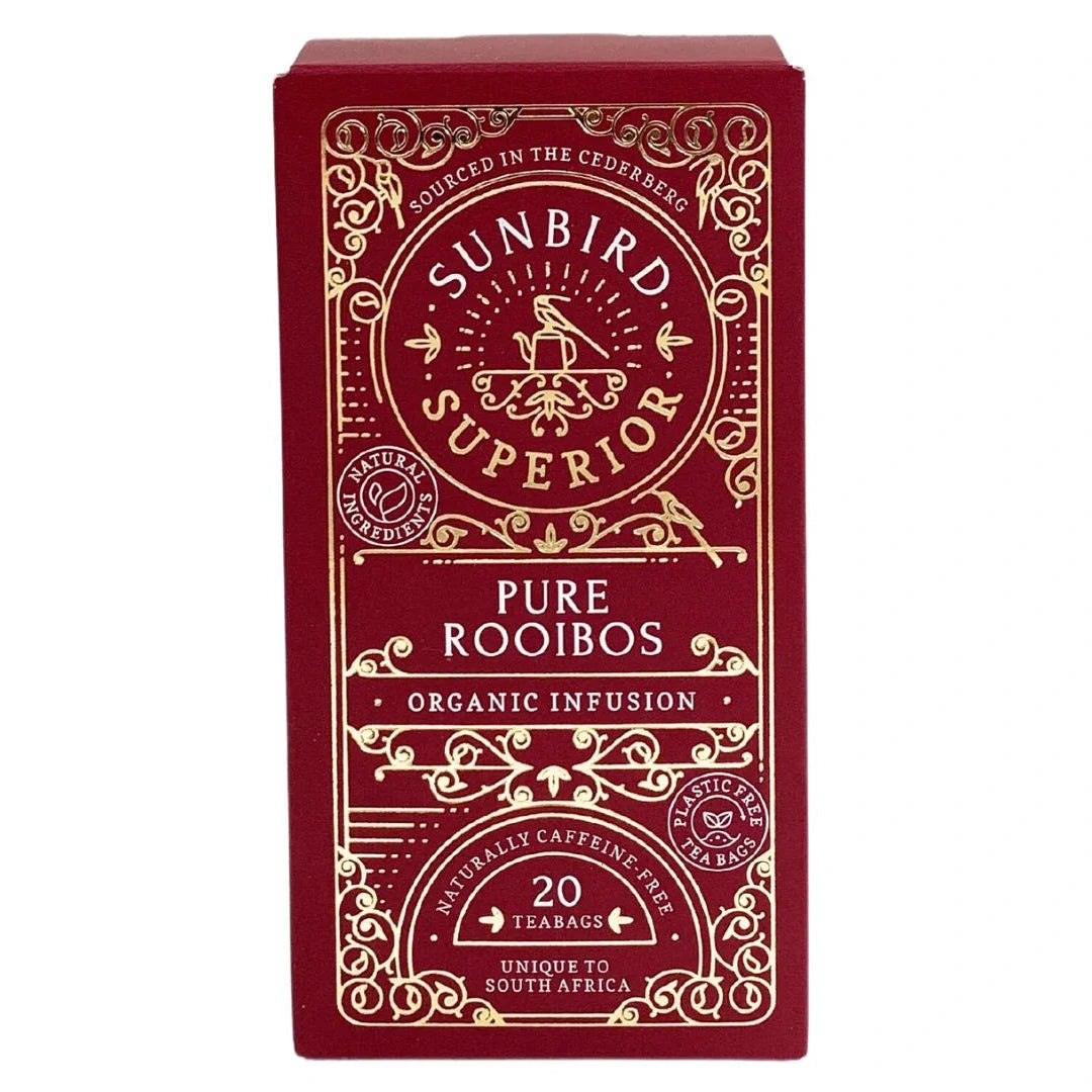 Sunbird Superior Pure Rooibos tea box on a white background