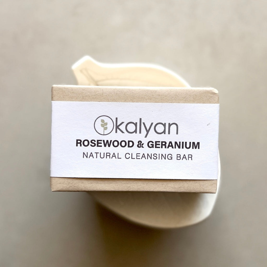 Kalyan Rosewood & Geranium natural cleansing bar on a neutral background