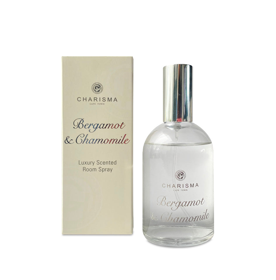 Charisma Bergamot & Chamomile room spray bottle and packaging on a white background