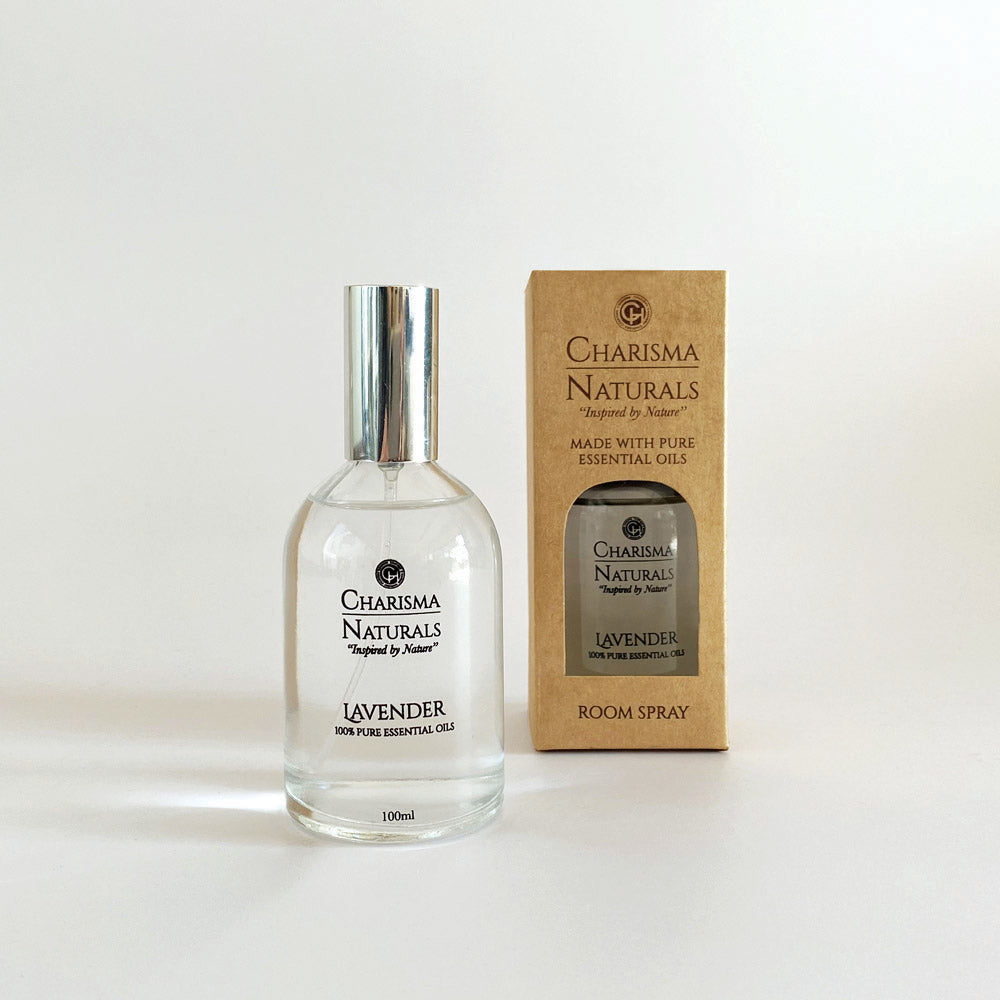 Charisma Naturals lavender room spray bottle and packaging on a white background
