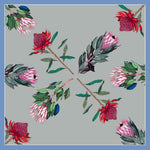 Load image into Gallery viewer, Illustration of various protea flowers on a silver background with a blue border
