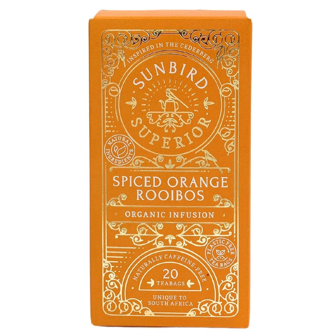 Sunbird Spiced Orange Rooibos tea box on a white background
