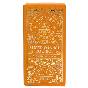 Sunbird Spiced Orange Rooibos tea box on a white background