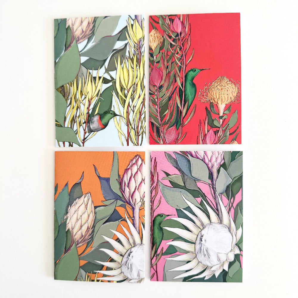 Four floral cards with different color schemes on a white background
