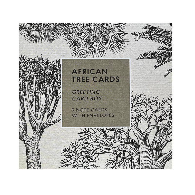 Greeting card box with African tree designs on a white background