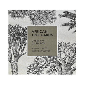 Greeting card box with African tree designs on a white background