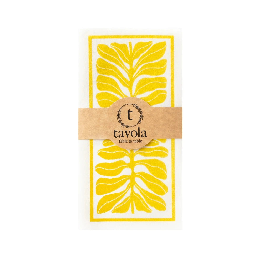 Tavola napkin with yellow leaf design on a white background