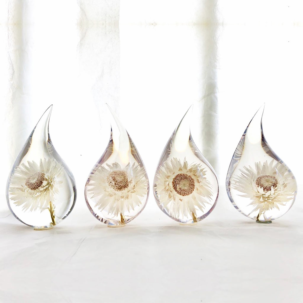 Four resin drops sculpted in a teardrop shape with Cape Snow fynbos flowers embedded, positioned on a textured surface with a white background.