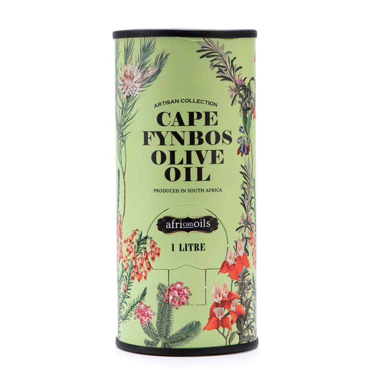 A tin of Cape Fynbos Olive Oil by African Oils, with a green background and floral patterns, indicating a capacity of 1L.