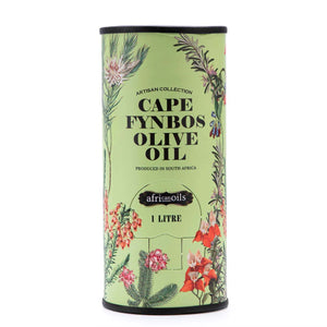 A tin of Cape Fynbos Olive Oil by African Oils, with a green background and floral patterns, indicating a capacity of 1L.