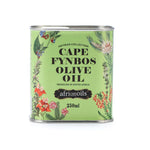 Load image into Gallery viewer, A tin of Cape Fynbos Olive Oil by African Oils, with a green background and floral patterns, indicating a capacity of 250ml.
