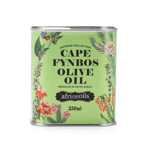 A tin of Cape Fynbos Olive Oil by African Oils, with a green background and floral patterns, indicating a capacity of 250ml.