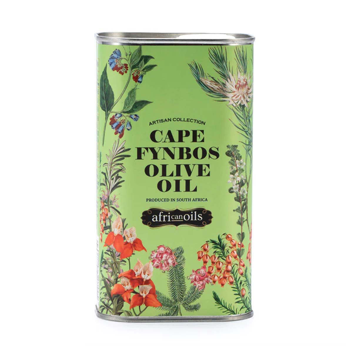 A tin of Cape Fynbos Olive Oil by African Oils, with a green background and floral patterns, indicating a capacity of 500ml.