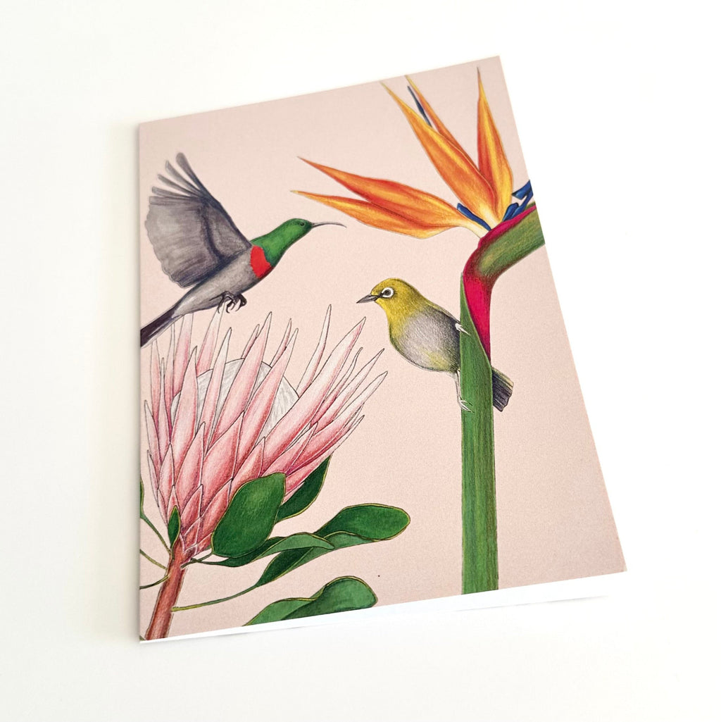 Illustration of birds and flowers on a dusty pink background