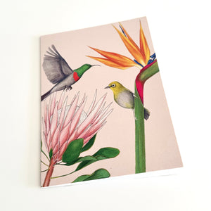 Illustration of birds and flowers on a dusty pink background