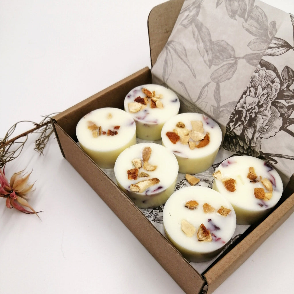 A box of 12 white soy wax melts with Japanese Garden scent, infused with mandarin, geranium, and patchouli, displayed in a floral-patterned box with a branch and leaves in the background.