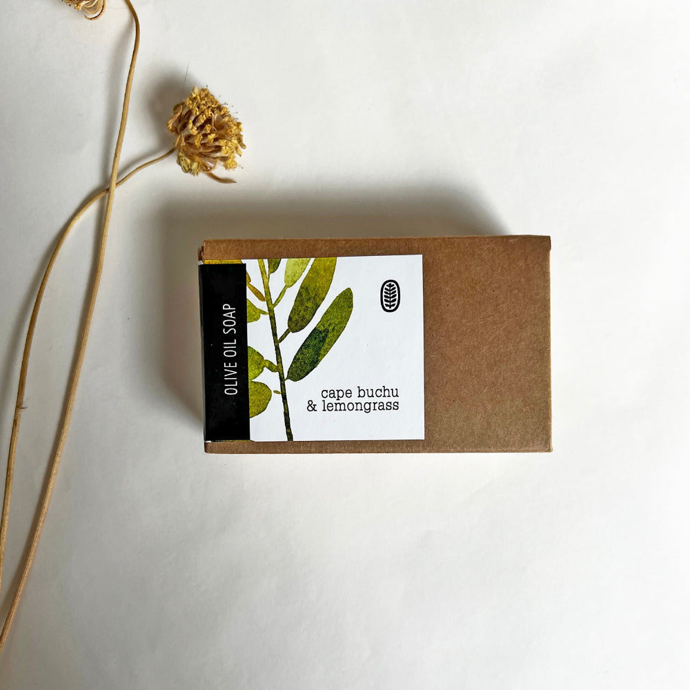 A bar of olive oil soap with 'cape buchu & lemongrass' printed on its top, placed on a flat surface with a dried plant stem to the left.