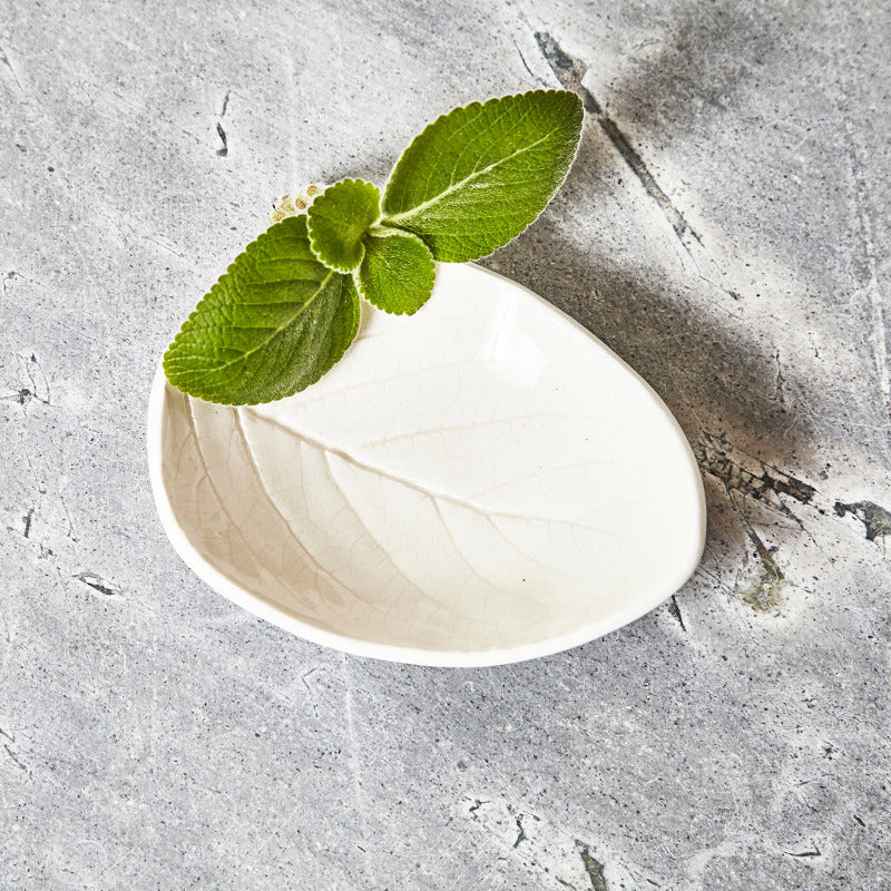 A white ceramic soap dish in the shape of a leaf with veins and other details embedded. 