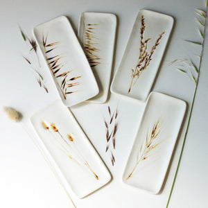 Five white ceramic slates with various botanical designs, including grasses and restio fynbos, displayed on a white surface with a few dried plant accents.